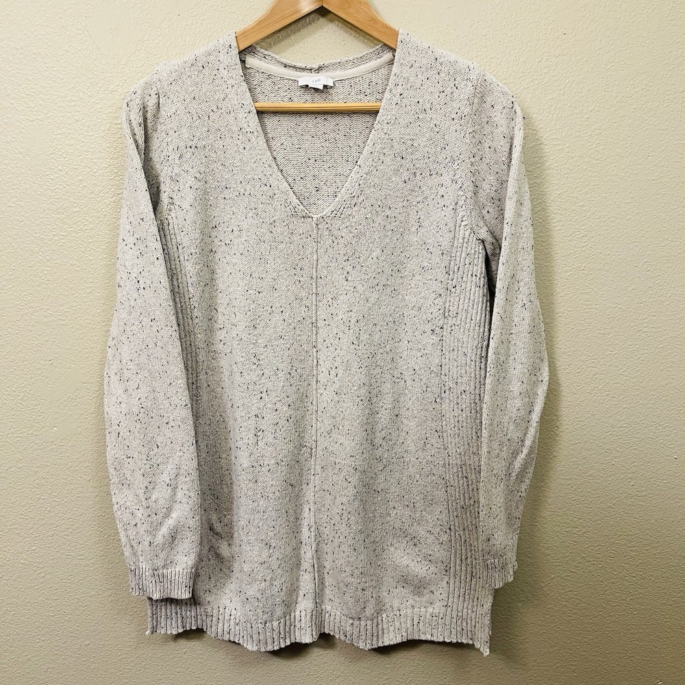 J Jill Knit V Neck Cotton Sweater Gray Beige Speckled Textured Size M